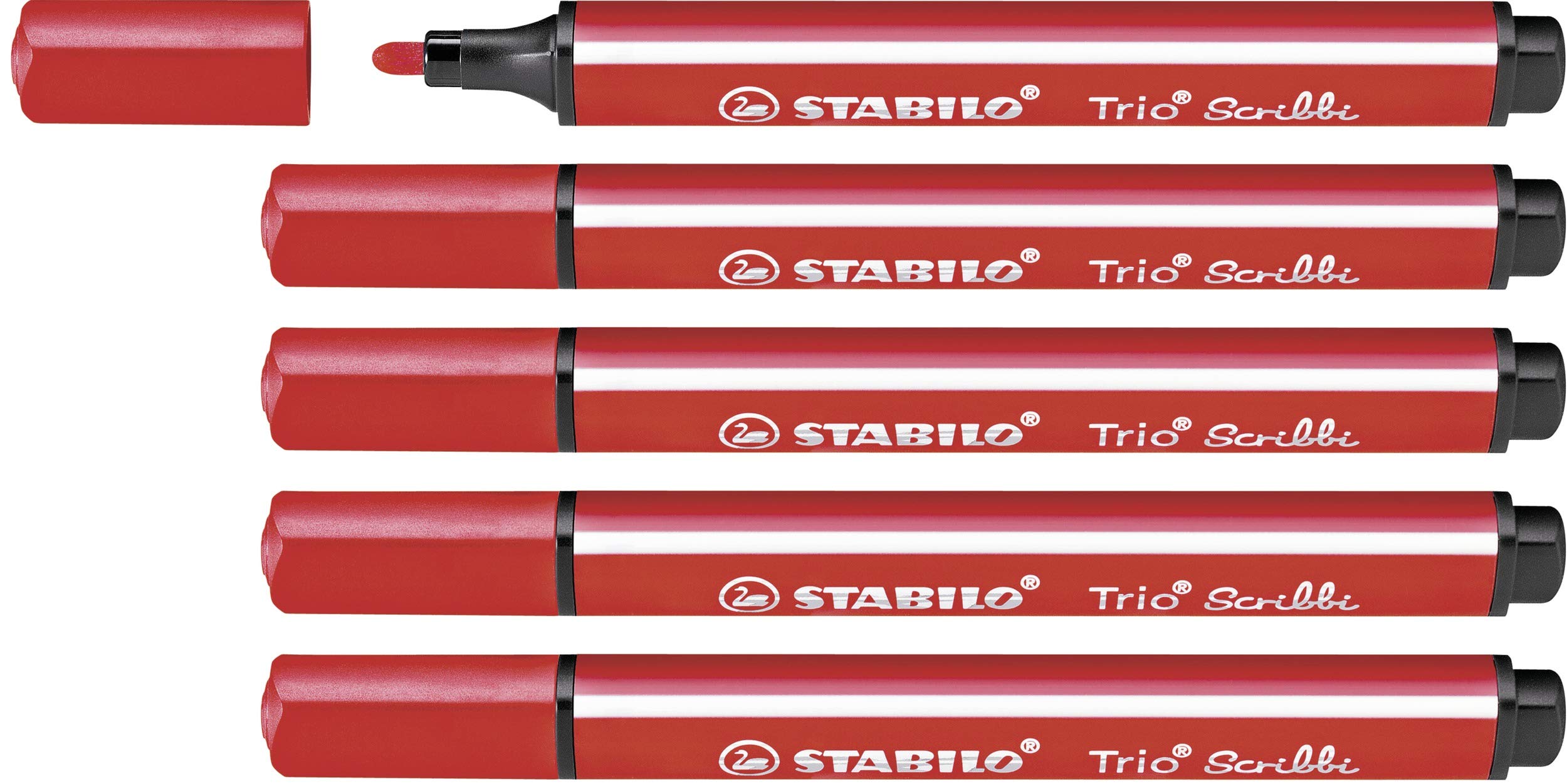 STABILO Trio Scribbi - Triangular Fibre-Tip Pen - Pack of 5 - Red