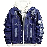 SOLY HUX Men's Ripped Denim Jacket Button Front Collared Long Sleeve Grunge Jean Jackets Streetwear