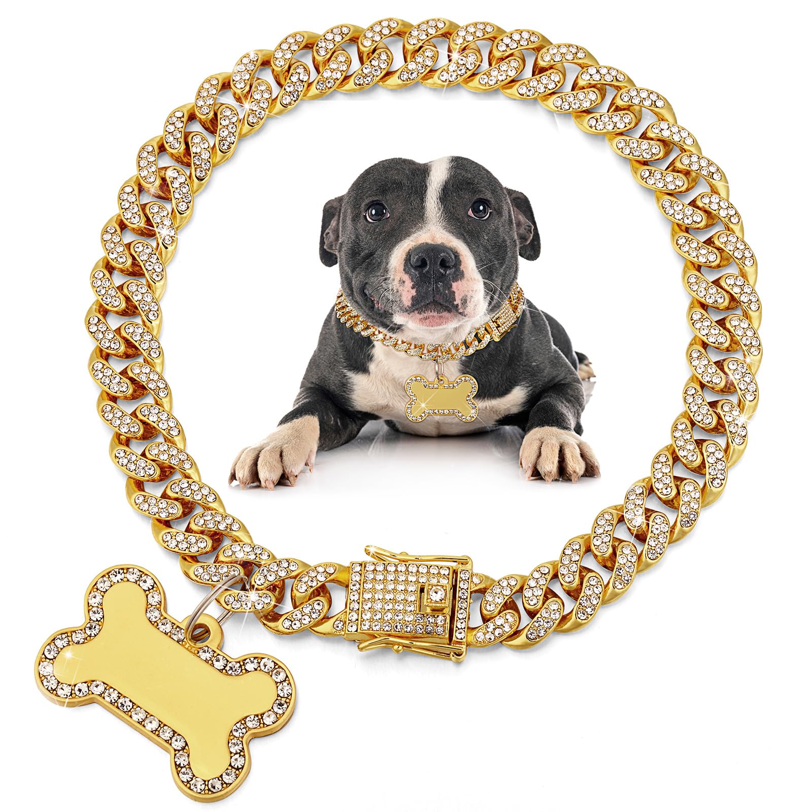 Photo 1 of Hillban Dog Chain Golden Diamond Collar with Pet ID Jewelry Tags Rhinestones Stainless Steel Metal Link Collar Walking Chain Necklace for Puppy Boys Girls Small Dogs(12 Inch)