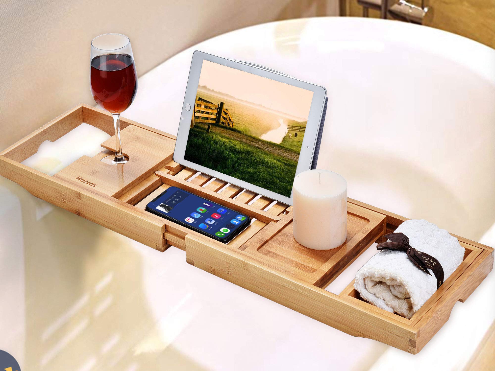Harcas premium bamboo bathtub caddy tray Beautiful bathtub tray with extending sides, with wine glass holder and iPad or book holder