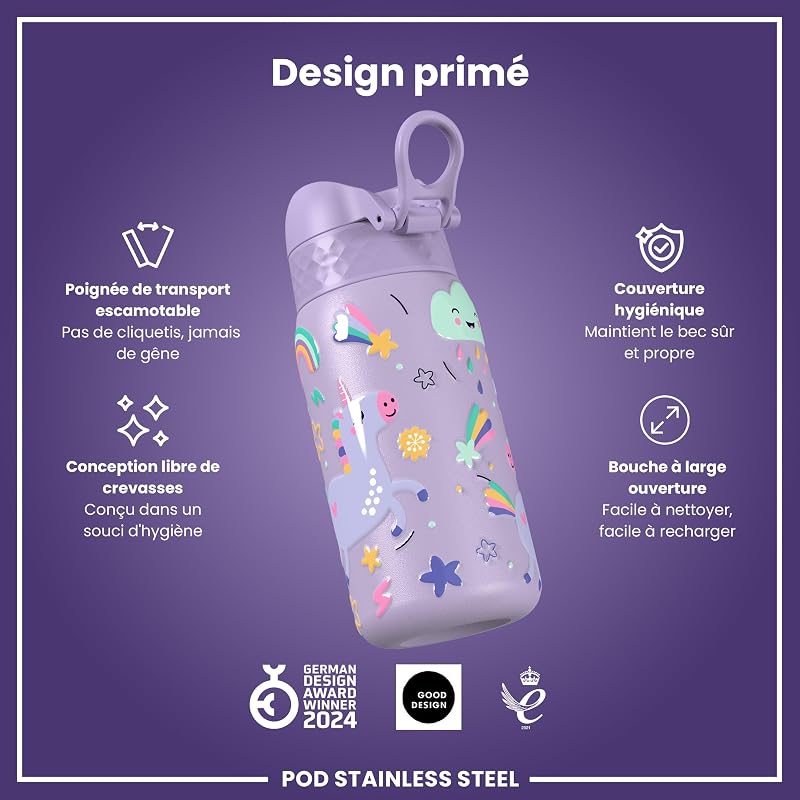 Gourde Enfant, Inox Léger, 400ml, Non Isolé, Anti-Fuite, Facile à Ouvrir, Verrouillage Sécurisé, Lavable au Lave-Vaisselle, Poignée de Transport, Acier Inoxydable, Licornes Violet