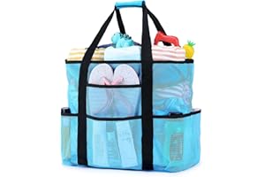 Becokan Beach Bags for Women, Mesh Beach Bag for Women Swim Pool Bag Beach Tote Bag for Vacation Zipper Closure 9 Pockets