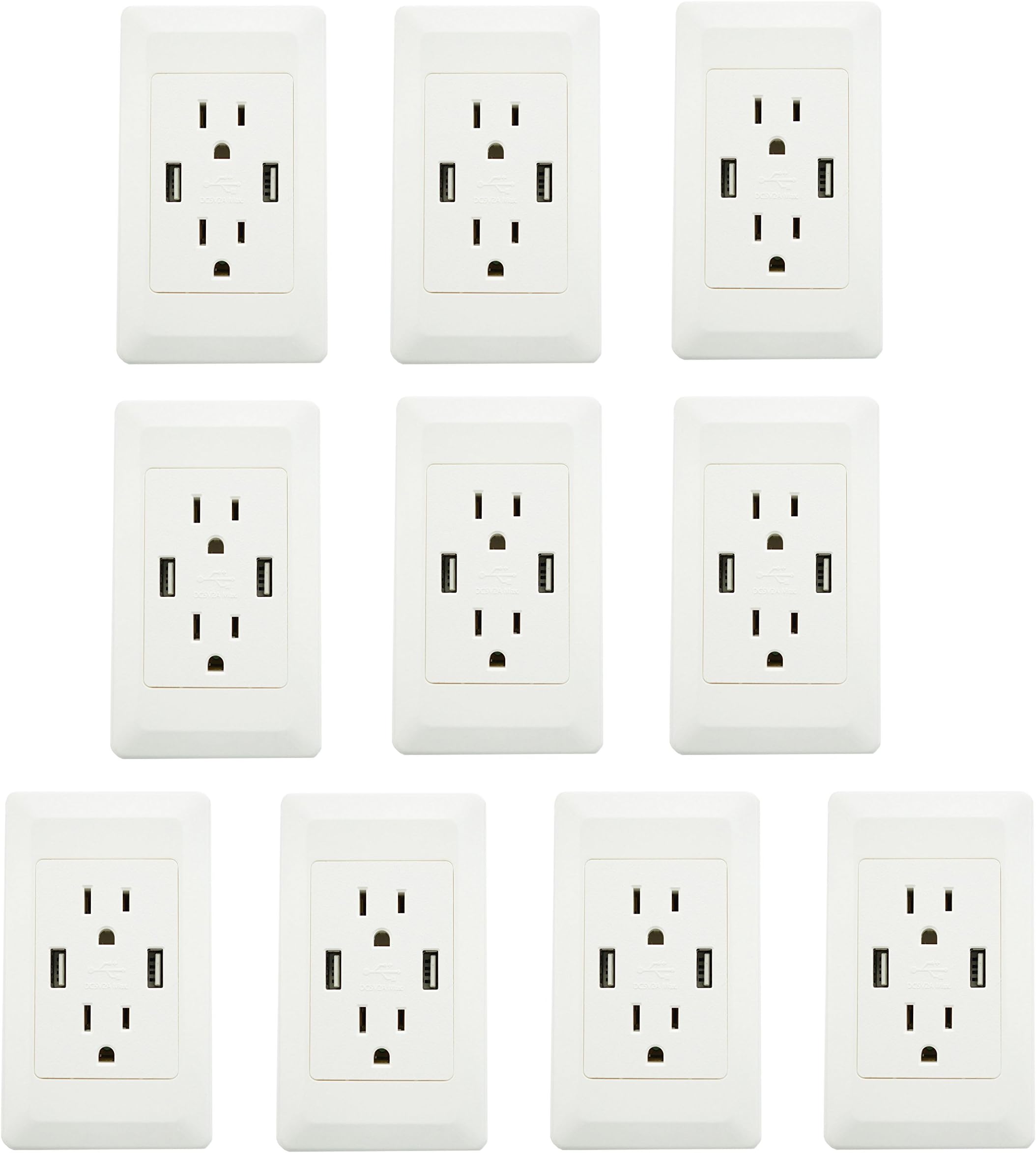 10PK YOPI 2A High Speed Dual USB Phone Pad Charger with 15A Wall Receptacle 2 Outlets Band Panel Faceplate White ETL Listed