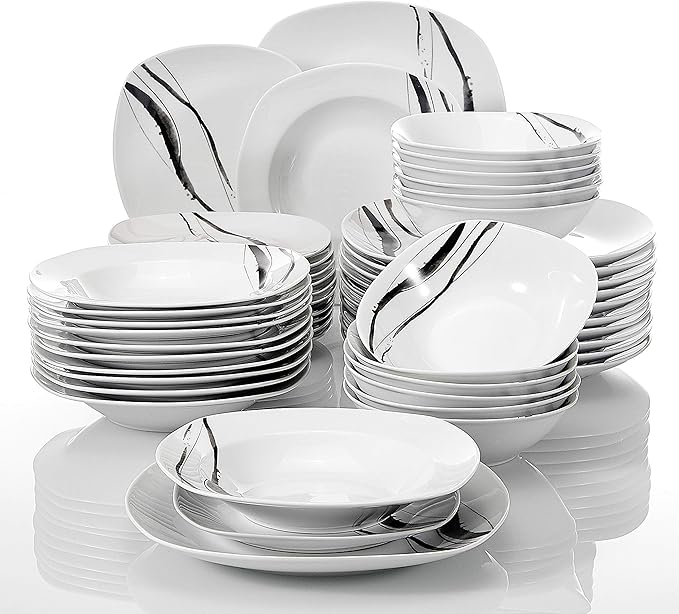 VEWEET 48Piece Porcelain Dinnerware Set Square Tableware Sets Stripe Patterns