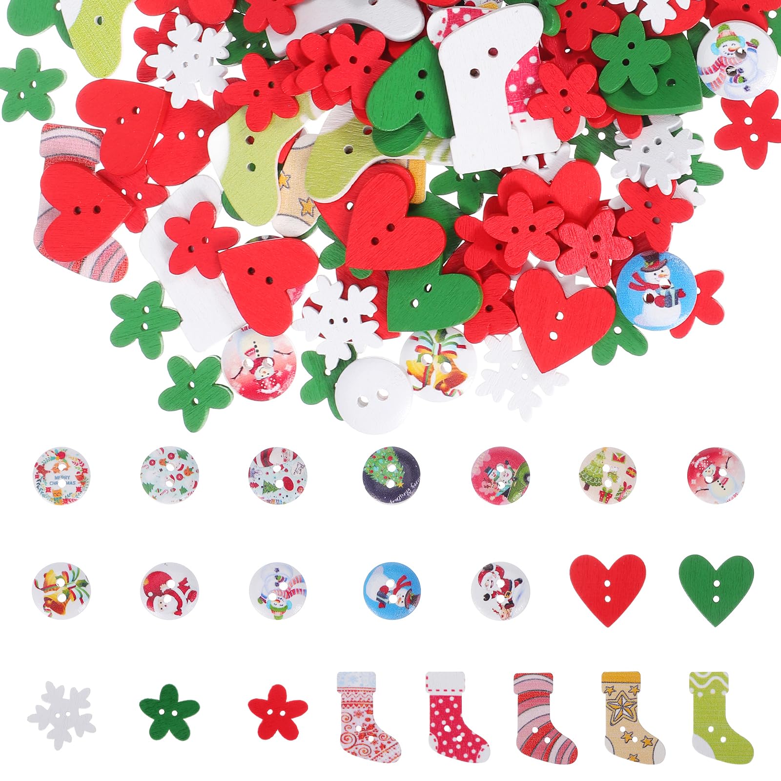 Amosfun 120pcs Christmas Wooden Buttons Embellishments Sewing Craft Buttons Mini Christmas Tree Snowflake Heart Miniaure Mixed Patterns