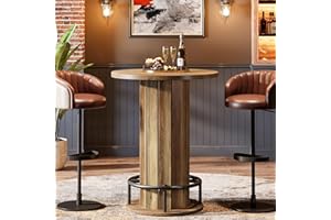 Tribesigns Round Bar Table, 39.4" H Wood Bistro Pub Table with Metal Ring Footrest for Dining Coffee Cocktail Living Room, Small Space, Brown(Only Table)