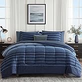 Monbix Queen Comforter Set - 7 Pieces Bed in a Bag Queen, Navy Blue-Stripe Bedding Sets, All Seasons Comforter Bed Set with Sheets, Pillowcases & Shams