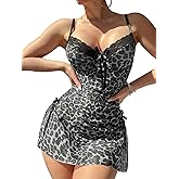 Vicarly Sexy Split Side Tie Leopard Mesh Sheer Floral Lace Babydoll Lingerie Dress Set with Thong 2 Piece