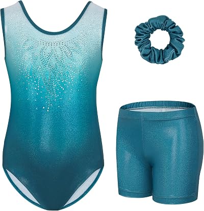 Gogokids Girls Three-Piece Gymnastics Set Sleeveless Leotard Shorts Hair Band