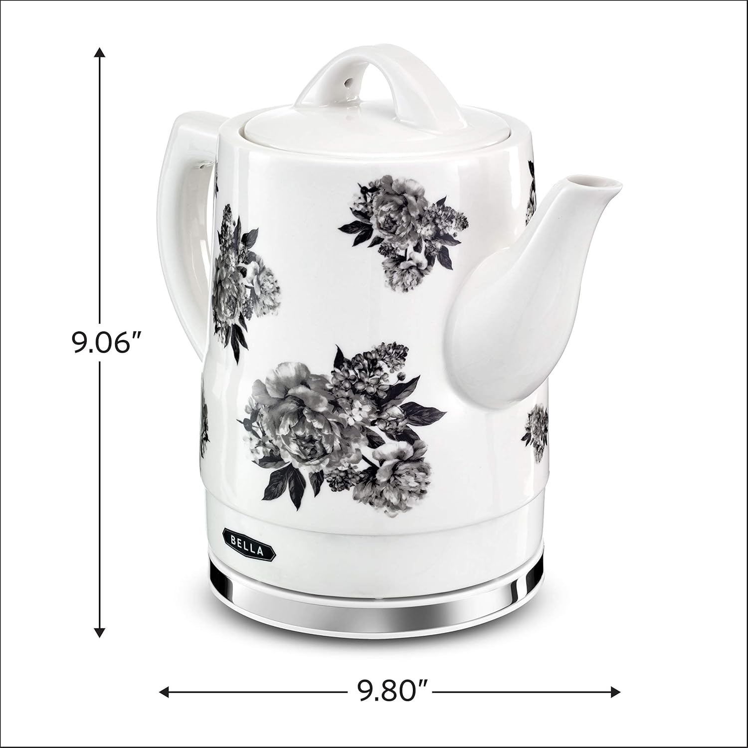 BELLA 1.5 Liter Electric Ceramic Tea Kettle with Boil Dry Protection & Detachable Swivel Base, Black Floral: Kitchen & Dining