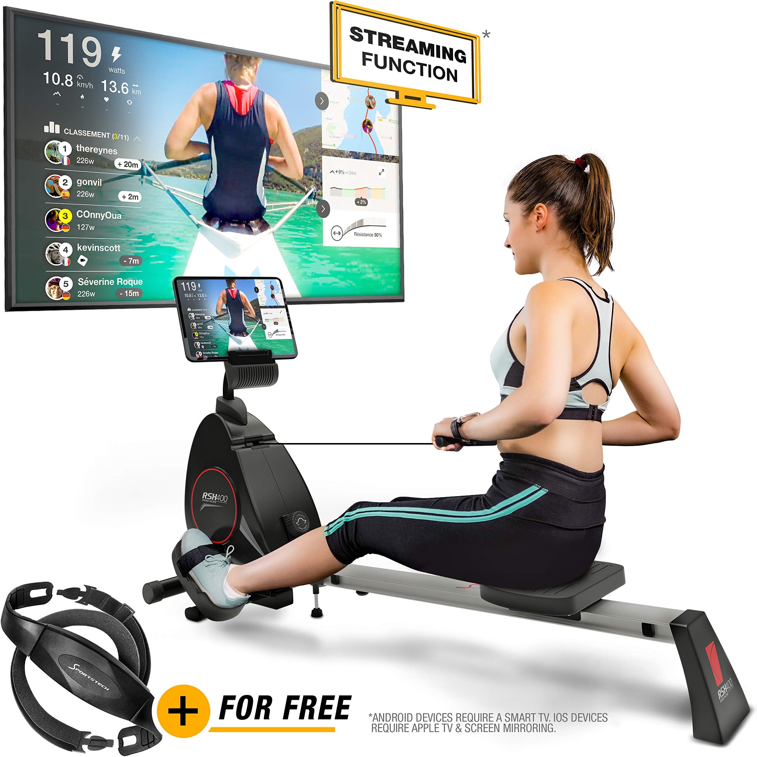 Sportstech RSX400 Rowing Machine - German Quality Brand -Video Events & Multiplayer App, Heart Rate Belt incl. rowing machine for your home, foldable with 8x magnetoresistance and ball bearing seat