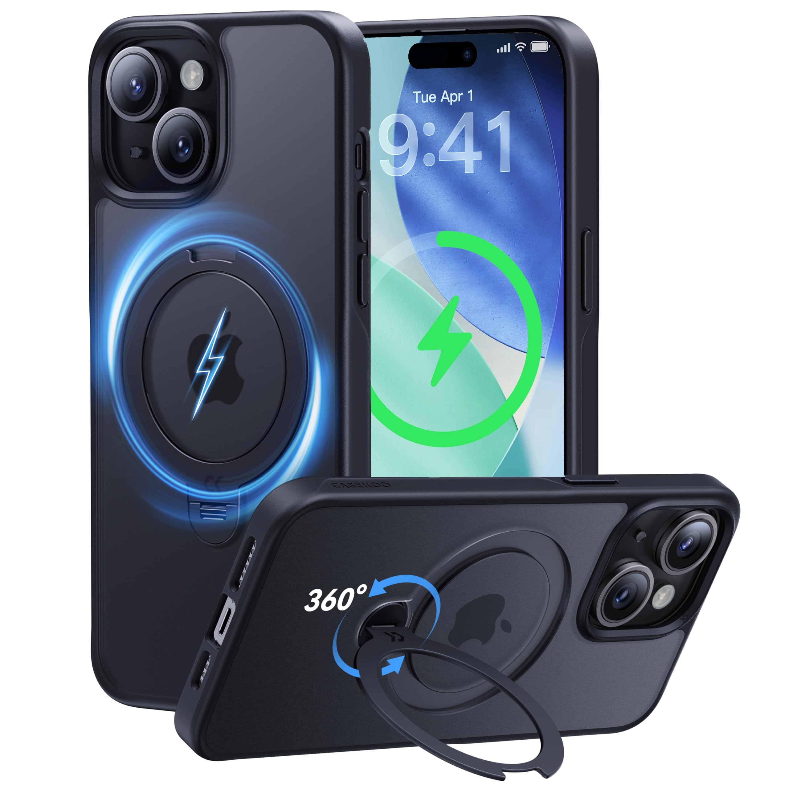 CASEKOO Patented 360 Spin Magnetic Stand for iPhone 15 Case [Military Drop Protection] [Non-Slip Edge] [Compatible with MagSafe] Shockproof Matte Translucent Slim for 15 Case 6.1'', Black
