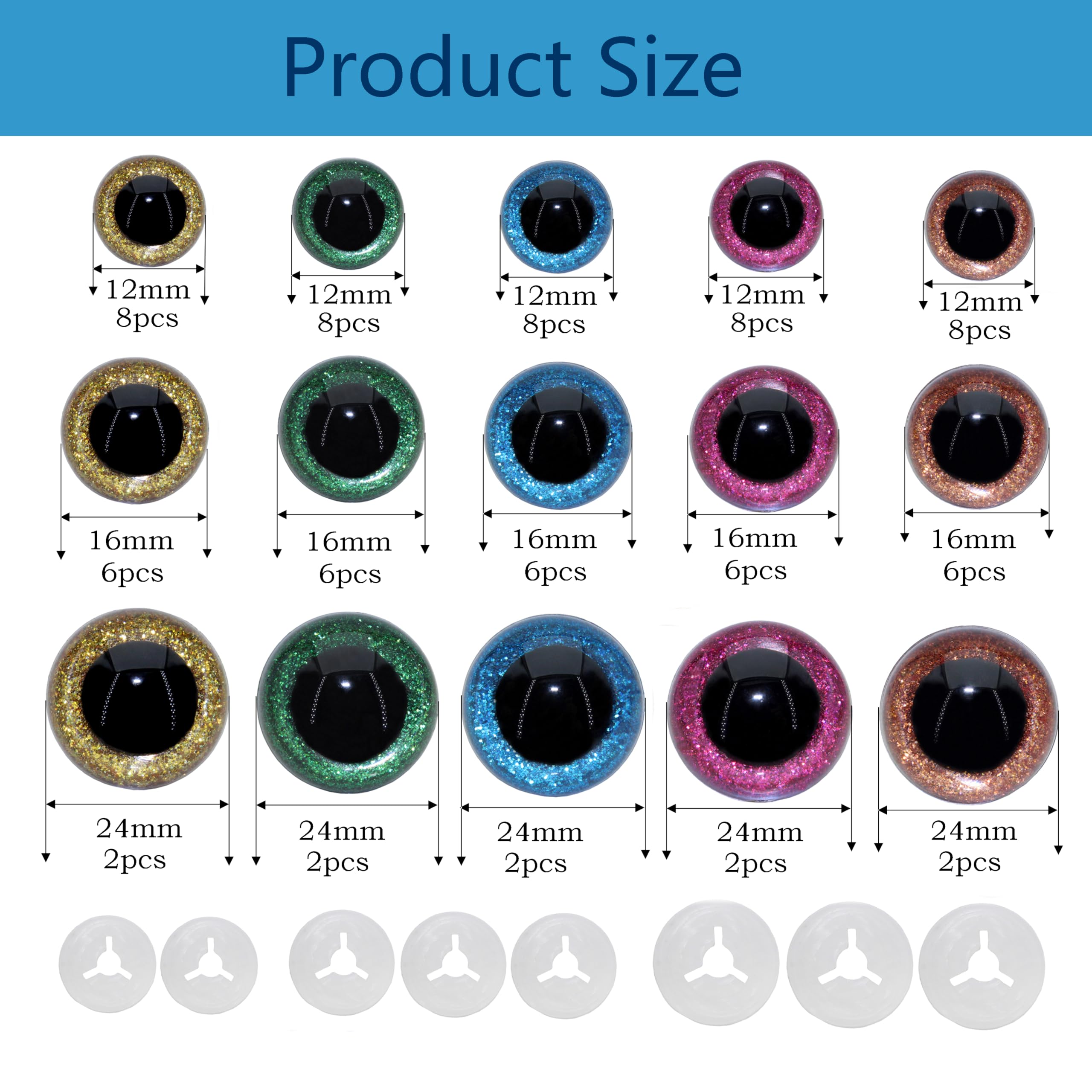 BESTCYC 1Box(80pcs) 12/16/24MM 5Colors Plastic Safety Eyes Glitter Craft Eyes Threaded Shank Design Stuffed Animal Eyes with Washers for DIY Puppet, Toy, Doll DIY Making Supplies