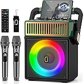 JYX Bluetooth PA Speaker System with 2 Wireless Mics, Retro 60W Karaoke Machine with LED Lights, Supports Recording, USB/TF/AUX/MIC Input for Home Party