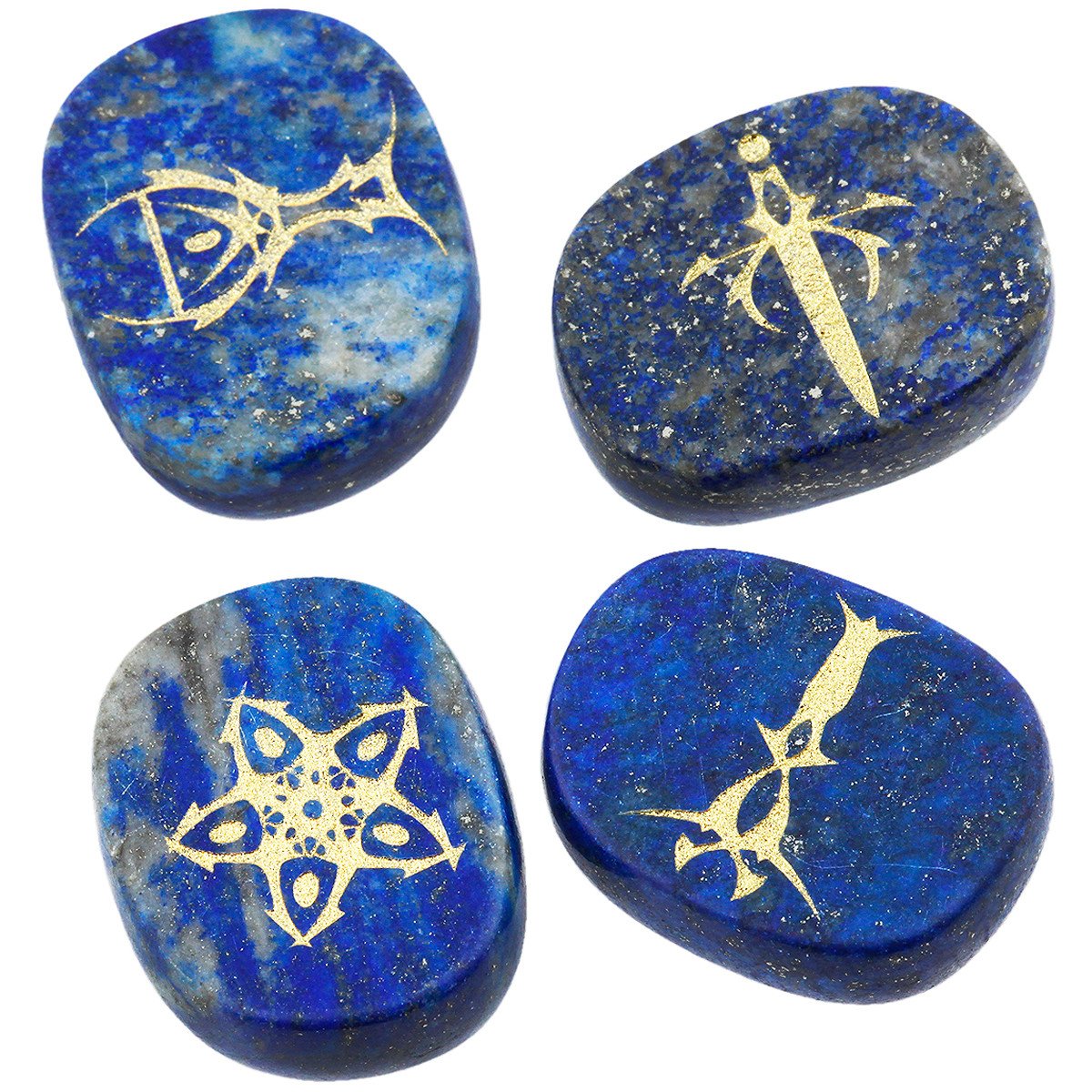 mookaitedecor 4 Piece Lapis Lazuli Stones Engraved Tarot Symbols Polished Palm Stones for Reiki Crystal Healing
