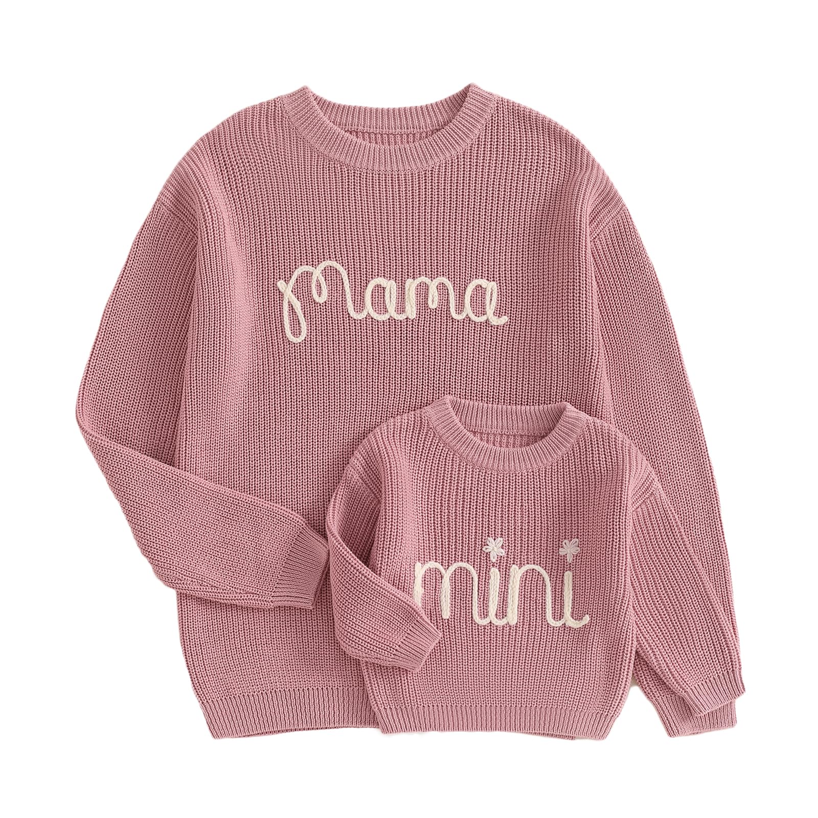 Photo 1 of Mommy and Me Sweater Matching Family Outfit Long Sleeve Knit Sweater Pullover Mom and Baby Clothes (Women, S, Pink)