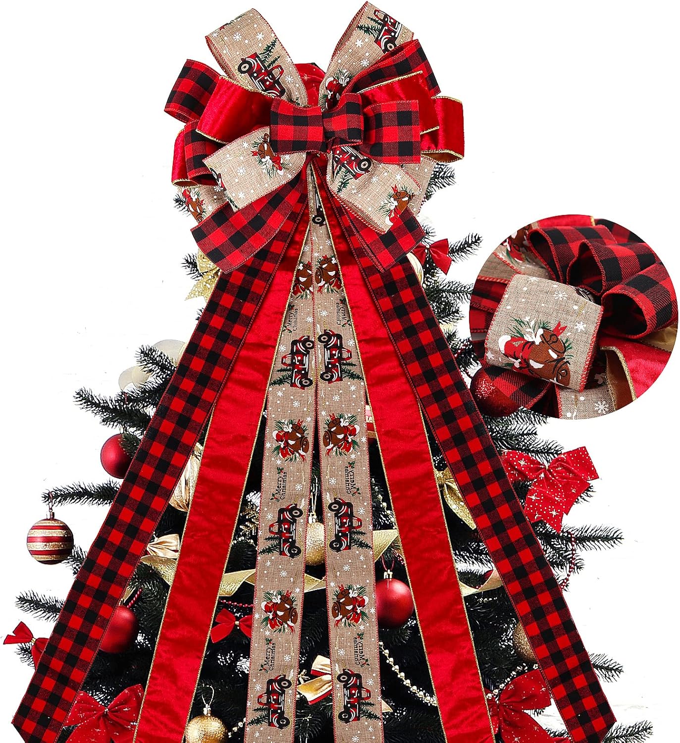 Bows & Ribbons - RECUTMS Christmas Tree Topper Christmas Bows 57x13 inch Burlap Bows Handmade Bow Christmas Wreath Decoration Outdoor Christmas Decorations