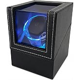 Forenee Automatic Watch Winder for Single Watch - Silent Full-Tooth Motor Plastic Base with Black Faux Leather PU Trim and LED Ambient Lighting Luxury Watch Rotation Mechanism Ideal Choice for Watch Enthusiasts