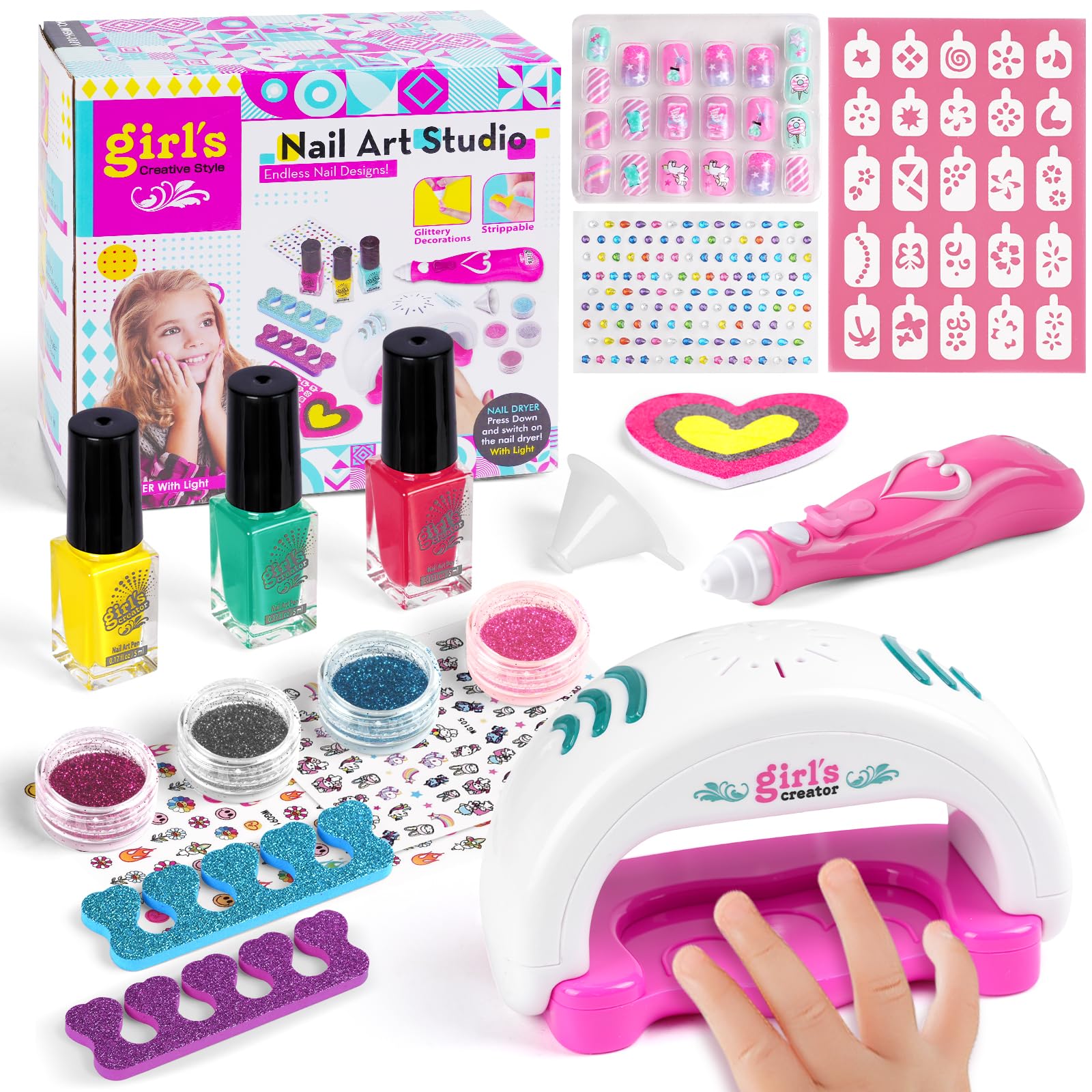 Aomig Manicure Set for Girl, Girls Nail Polish Kit, Salon Manicure Sets for Children with Nail Dryer Stickers Glitter Nail Files for Birthday Christmas Children's Day Gifts Girls