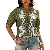 BTFBM Women's 2026 Spring Tops Casual Floral Boho V Neck Puff Short Sleeve Button Down Shirts Embroidered Blouses Tunic