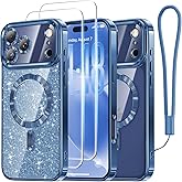 Meifigno Designed for iPhone 17 Pro Case 6.3", [Glitter Card & Wrist Strap][Compatible with MagSafe][2X HD Screen Protectors] Surround Raised Lens Protection for 17 Pro Phone Case for Women, Deep Blue