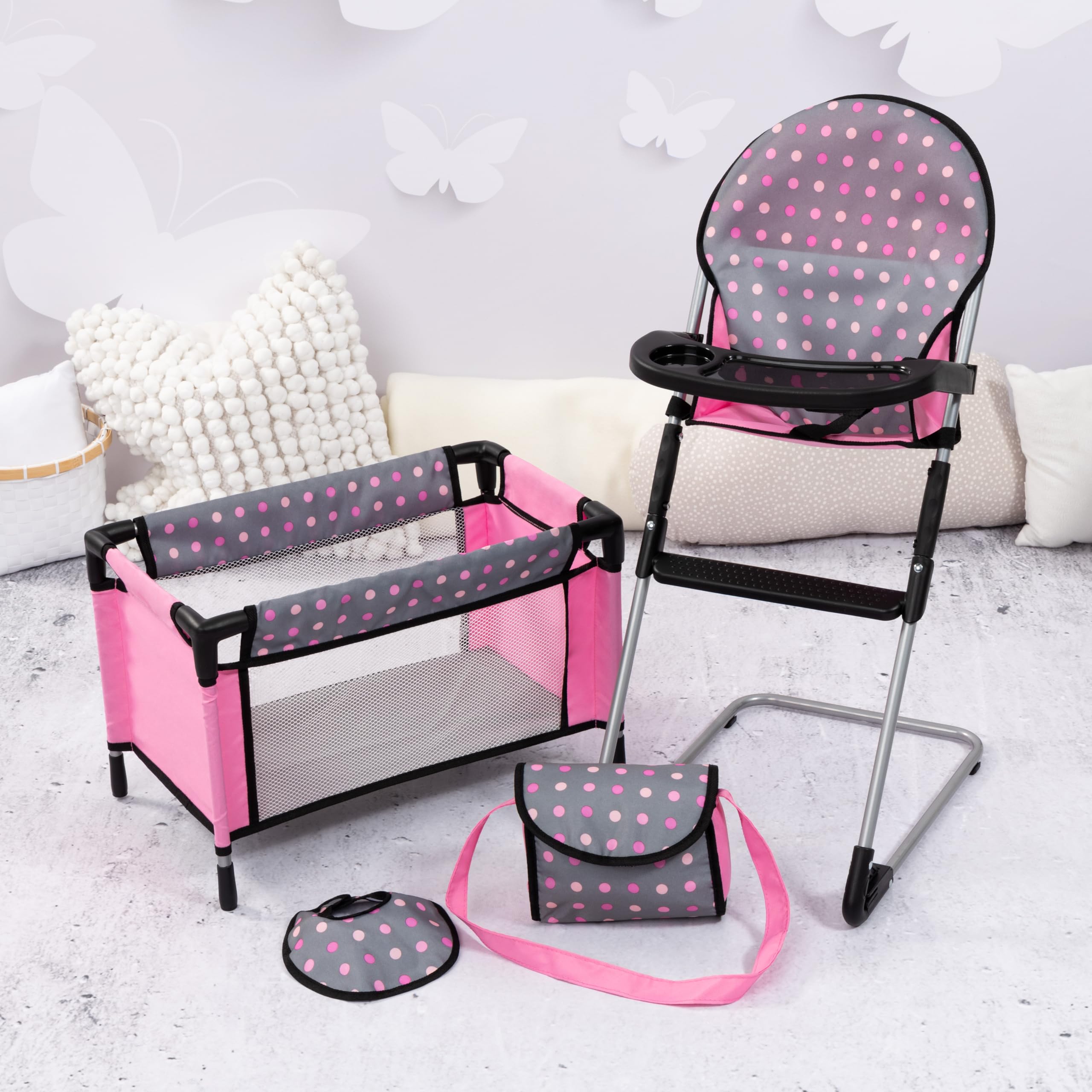Bayer Doll High Chair/Crib Set, Grey, Pink with Dots