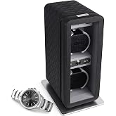 Heiden Monaco Double Watch Winder in Black Leather - Battery Powered or AC Adapter, 12 Program Settings, Diamond Stitched Vegan Leather, Soft Linen Interior, Large Interior Space for Large Watches