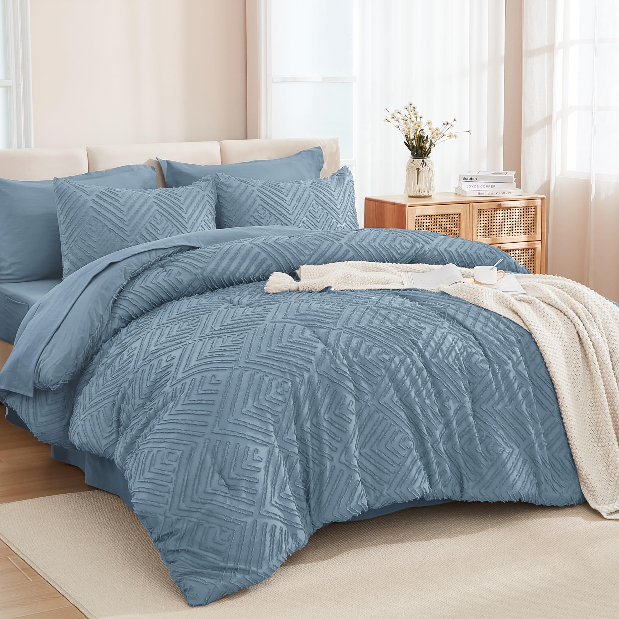 Andency Grayish Blue Full Size Comforter Set with Sheets - 7 Pieces Bed in a Bag Boho Tufted Fluffy Bedding Sets Soft Lightweight Full Bed Set with Comforter, Sheets, Pillowcases & Shams Image