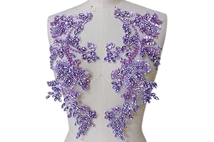 SUCCI SHAN Handmade Beaded Rhinestone Appliques Sew on Crystal Lace Patch, 1 Pair for DIY Clothing, Wedding Dress,Multi-Color Costume Decoration (Light Purple)