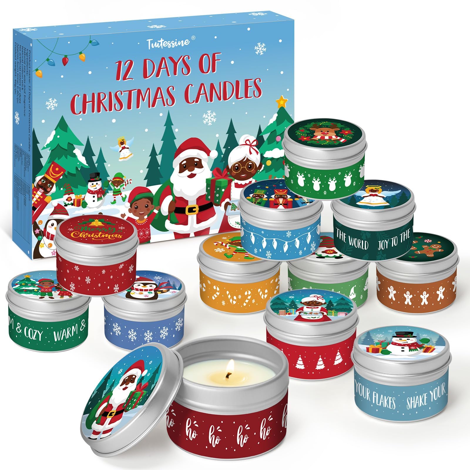 Photo 1 of 12 Days Christmas Advent Calendar 2025 Scented Candles Gift for Women Adults Soy Wax Jar Candles Christmas Countdown Gifts Holiday Indoor Home Decoration Black Santa Claus African American Decor
