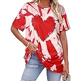 Valentine Shirts for Women Tie Dye Heart T Shirt Oversized Valentine's Crew Neck Tee Casual Loving Short Sleeve Tops
