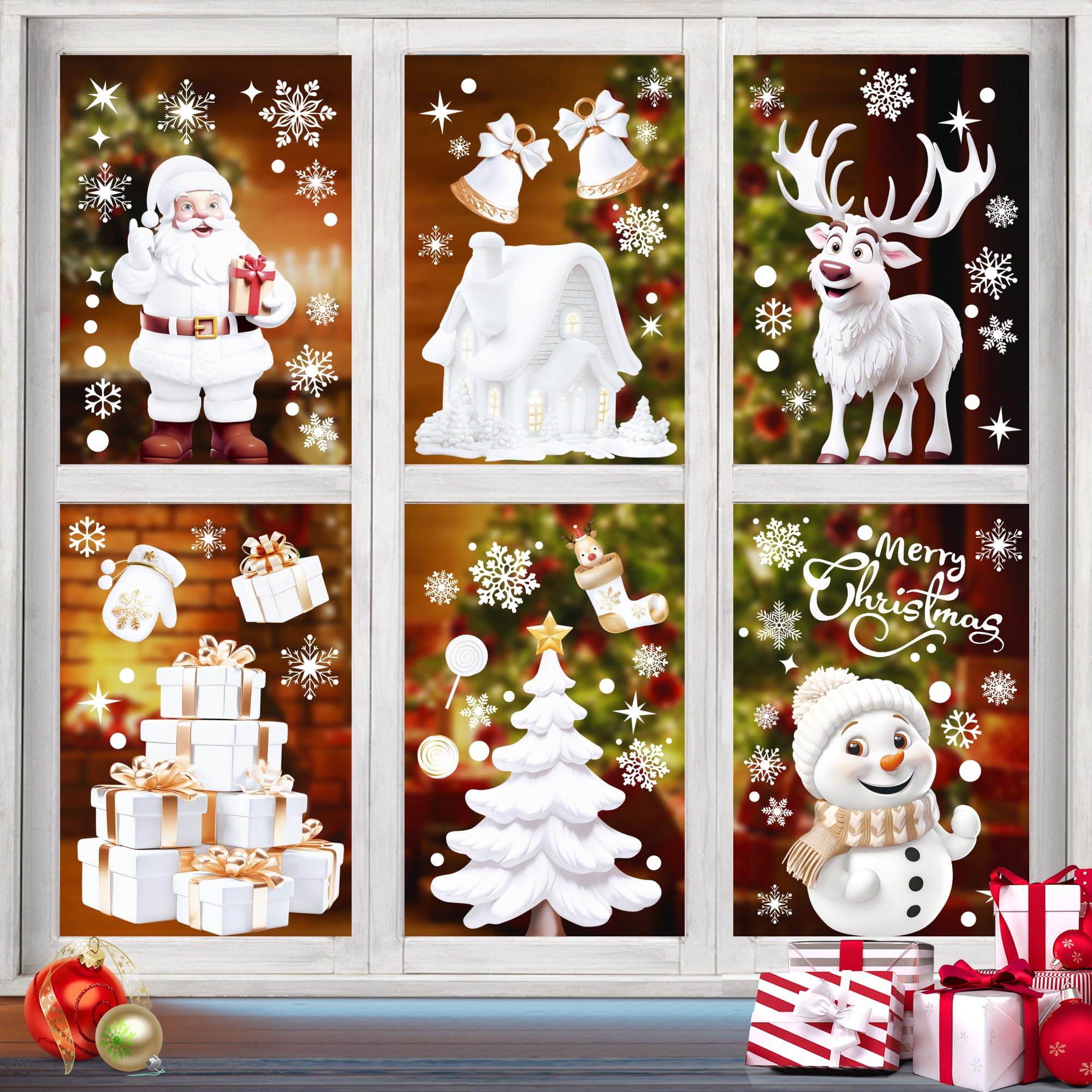 Christmas Window Stickers, Norvens 190PCS 3D Christmas Window Clings Large White Double Sides Xmas Window Decals for Glass Windows Christmas Party Decorations, 9 Sheets