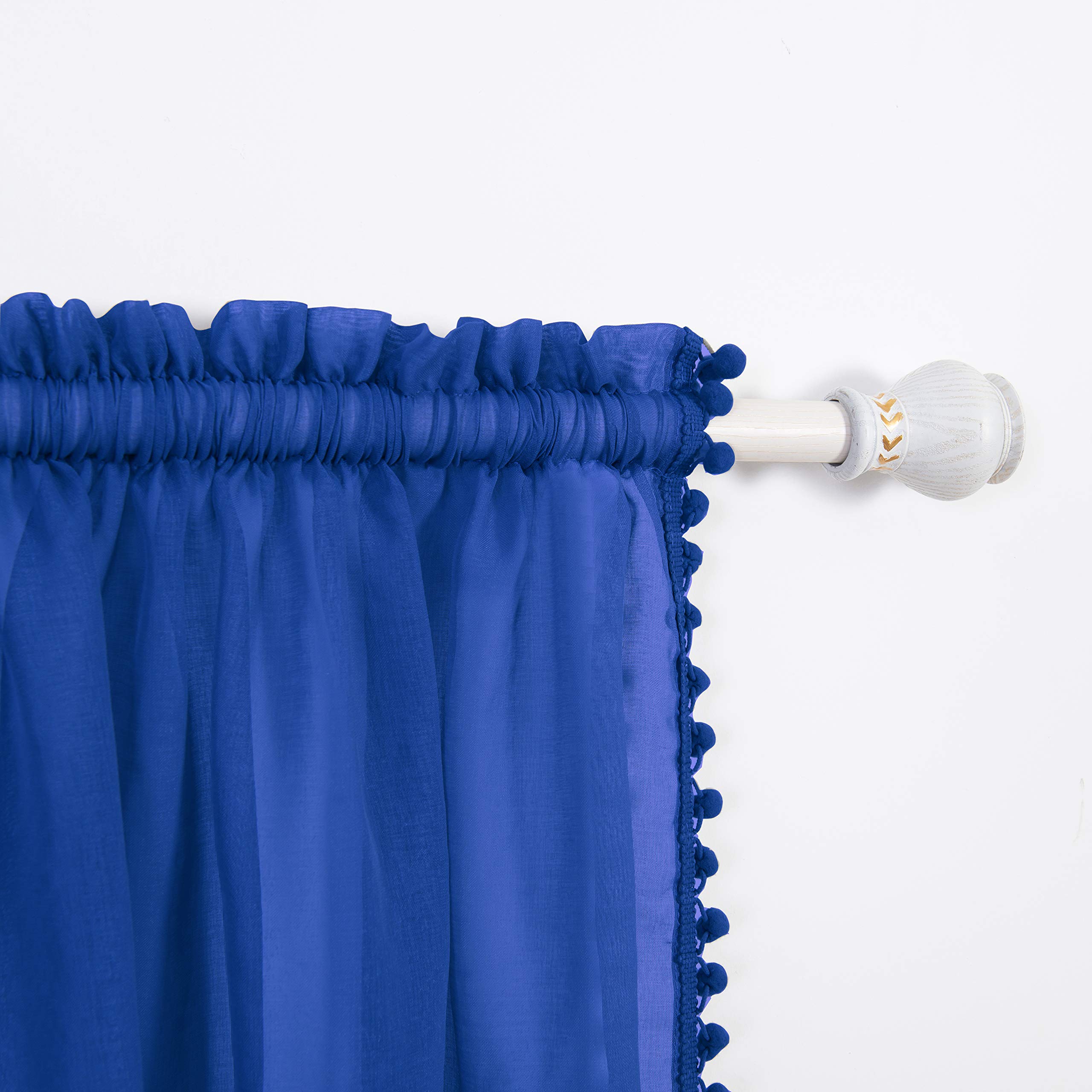Elegant Comfort Semi-Sheer Pom Pom Tassels Curtains - 2 Panels Set - with 2inch Rod Pocket - Solid Sheer Curtain Drapes for Living Room, Bedroom, W40 X L84, Neon Blue