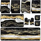 Fourluoo 10 Pcs Marble Farmhouse Kitchen Decor Accessories Set Marble Kitchen Dish Towels Rugs Oven Mitts and Pot Holders Sets for Cooking Baking(Black Gold,Modern)