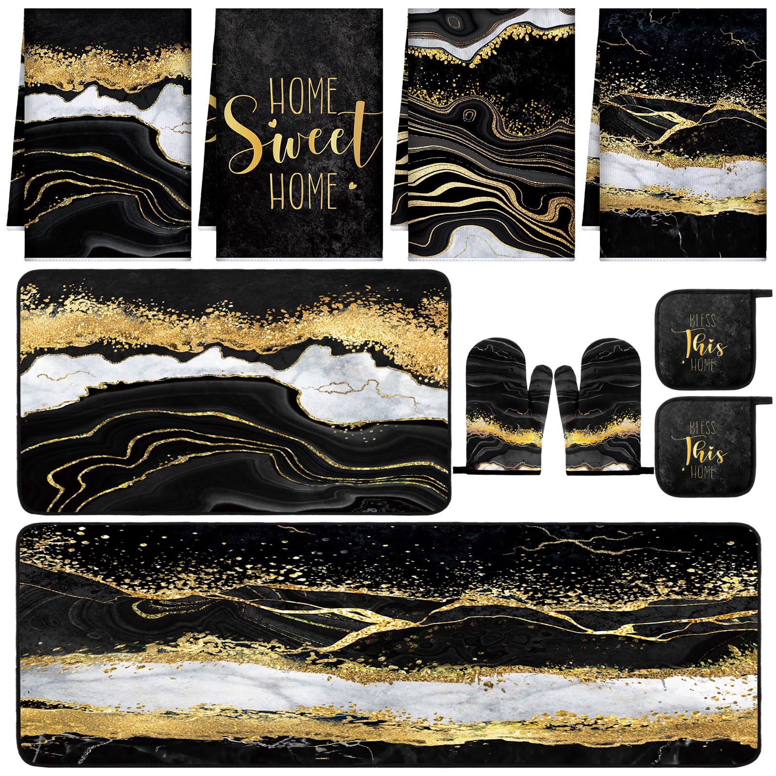 Photo 1 of Fourluoo 10 Pcs Marble Farmhouse Kitchen Decor Accessories Set Marble Kitchen Dish Towels Rugs Oven Mitts and Pot Holders Sets for Cooking Baking Daughter Mom Gift(Black)