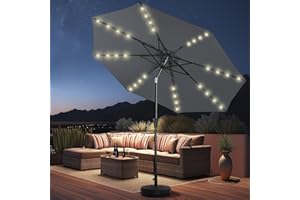 HOMSHADE 9ft Solar Patio Umbrella - Solar Lights LED Lighted Outdoor Market Table Umbrella, UPF50+ UV Protection with Push Button Tilt, Crank for Pool Deck and Garden (Dark Grey)