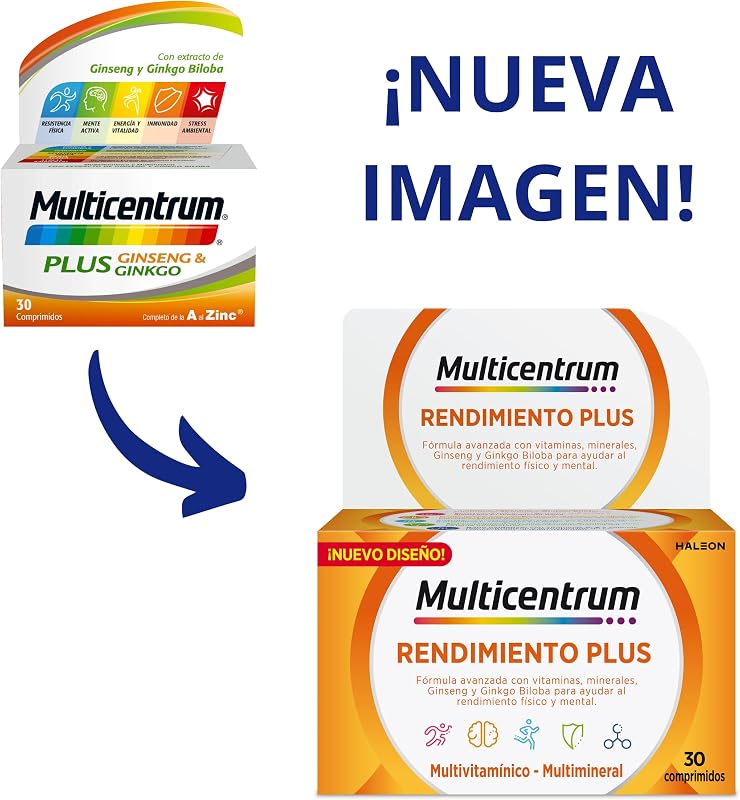 Multicentrum plus suplemento alimentar multivitamínico e multimineral com ginseng e ginkgo biloba para adultos, sem glúten, 30 comprimidos