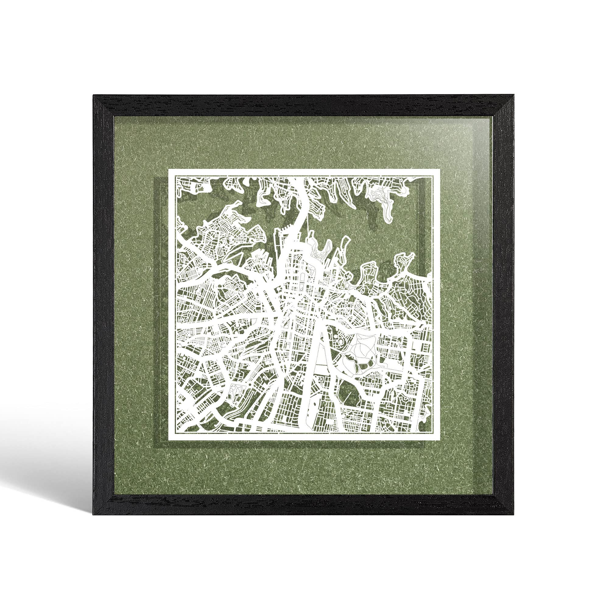 O3 DESIGN STUDIO Sydney Paper Cut Map framed, White map, Black frame, 9x9 inches, Gift Boxed, 4 background color, self-changing, Paper Art