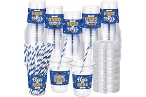 Sliner 100 Set 16 oz 2024 Graduation Plastic Cups with Lids and Straw Congrats Grad Party Cups Disposable Clear Ice Coffee Drinking Cups for Grad Party Tableware Supplies Decorations(Blue)