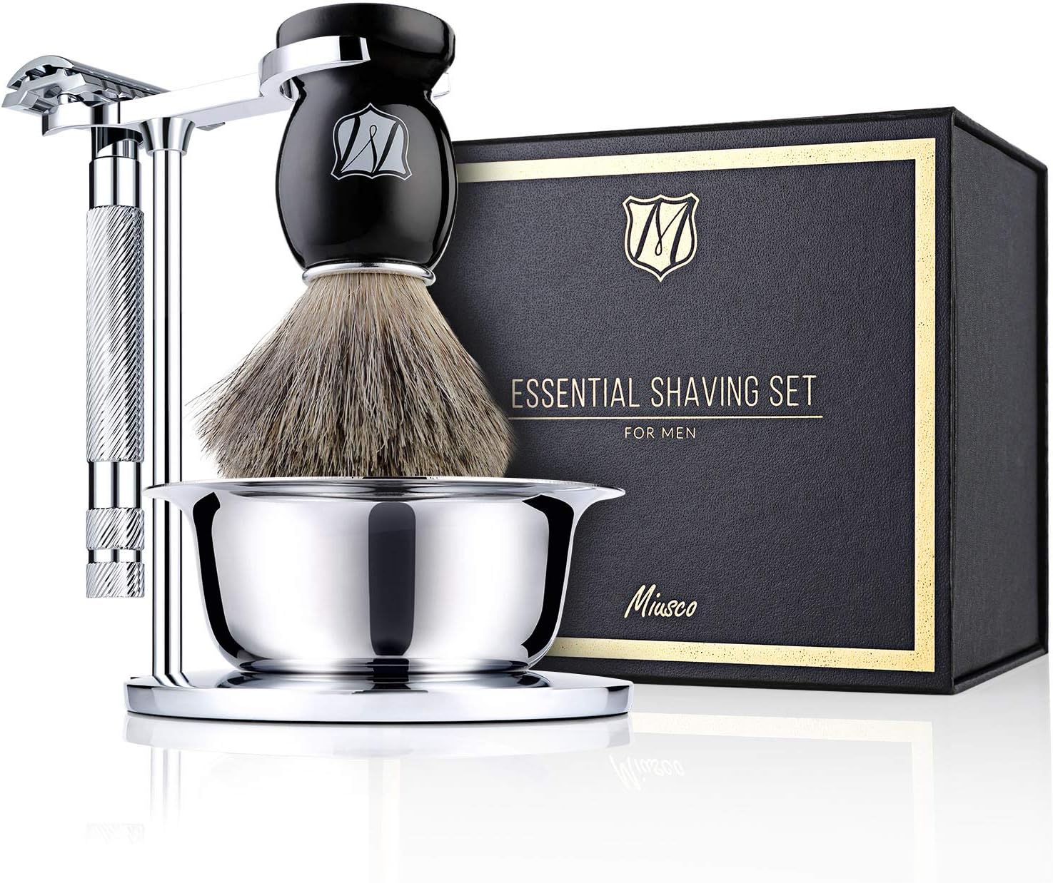 Miusco Men's Wet Shaving Kit, 4 Piece, Badger Hair Shaving Brush, Hand Polished Stainless Steel Shaving Stand, Shaving Bowl & Safety Razor