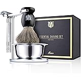 Miusco Men's Wet Shaving Kit, 4 Piece, Badger Hair Shaving Brush, Hand Polished Stainless Steel Shaving Stand, Shaving Bowl &
