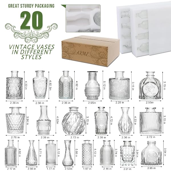 ARME 20 PCS BUD VASE SET, MINI VASES FOR FLOWERS, SMALL VINTAGE GLASS VASE FOR CENTERPIECES, CUTE CLEAR BUD VASES FOR HOME FLOWER WEDDING DECORATIONS
