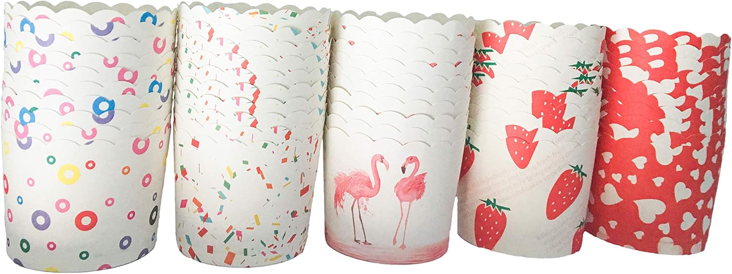 50-Pack Safe Food Grade cupcake liners,High temperature Premium Paper Cake Baking Cup Cupcake Muffin Cases,5 colorful styles baking cups for Holiday/Birthday Parties/Wedding/Anniversary