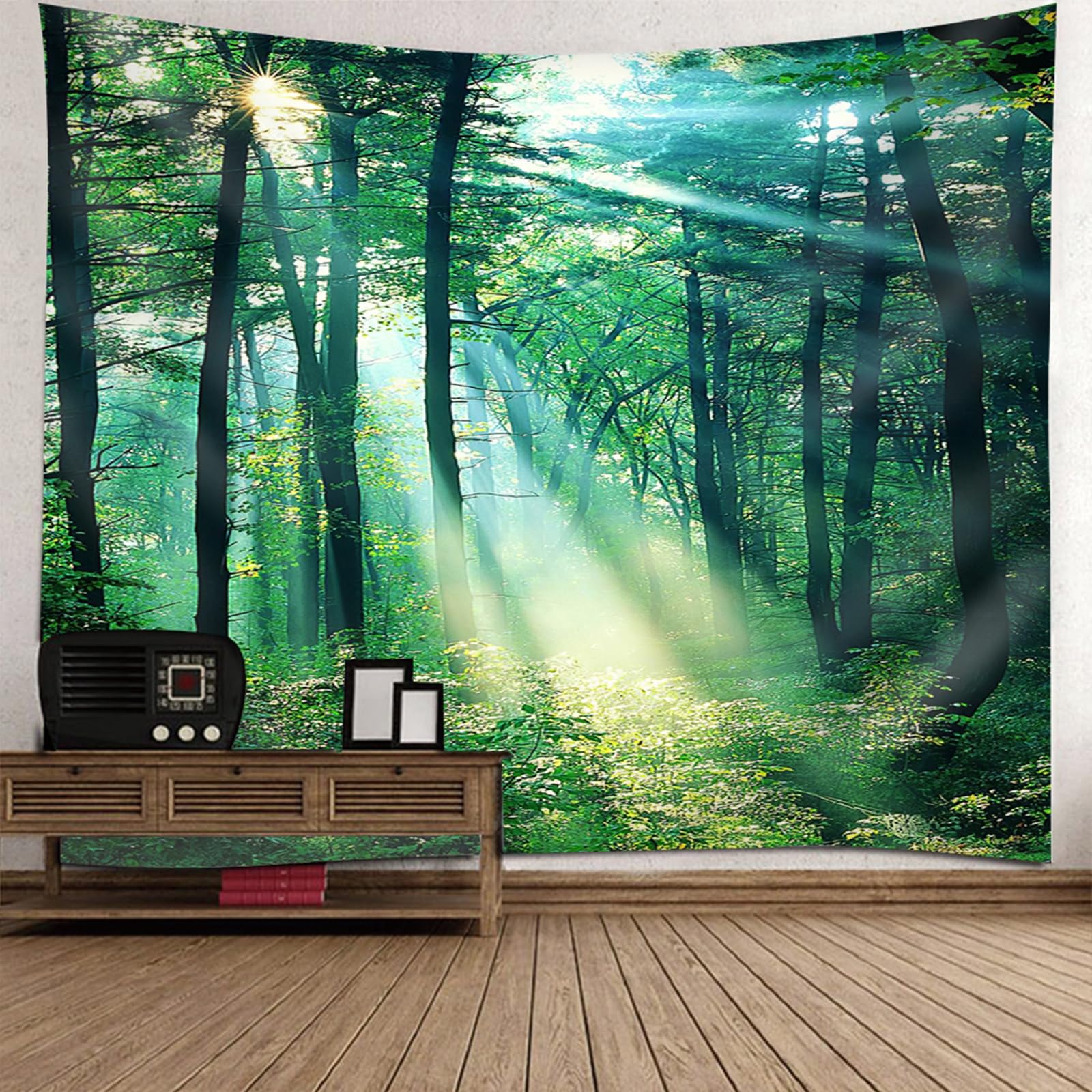 Lieson Wall Towel 260 x 240 cm, Wall Hanging Nature Forest Sunrise Green Tapestry Landscape Jungle Tapestry for Living Room Bedroom Dorm Wall Decoration