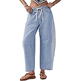 SCUSTY Women's Baggy Wide Leg Jeans Mid Rise Barrel Denim Ankle Pants Casual Striped Pull On Drawstring Trousers with Pockets