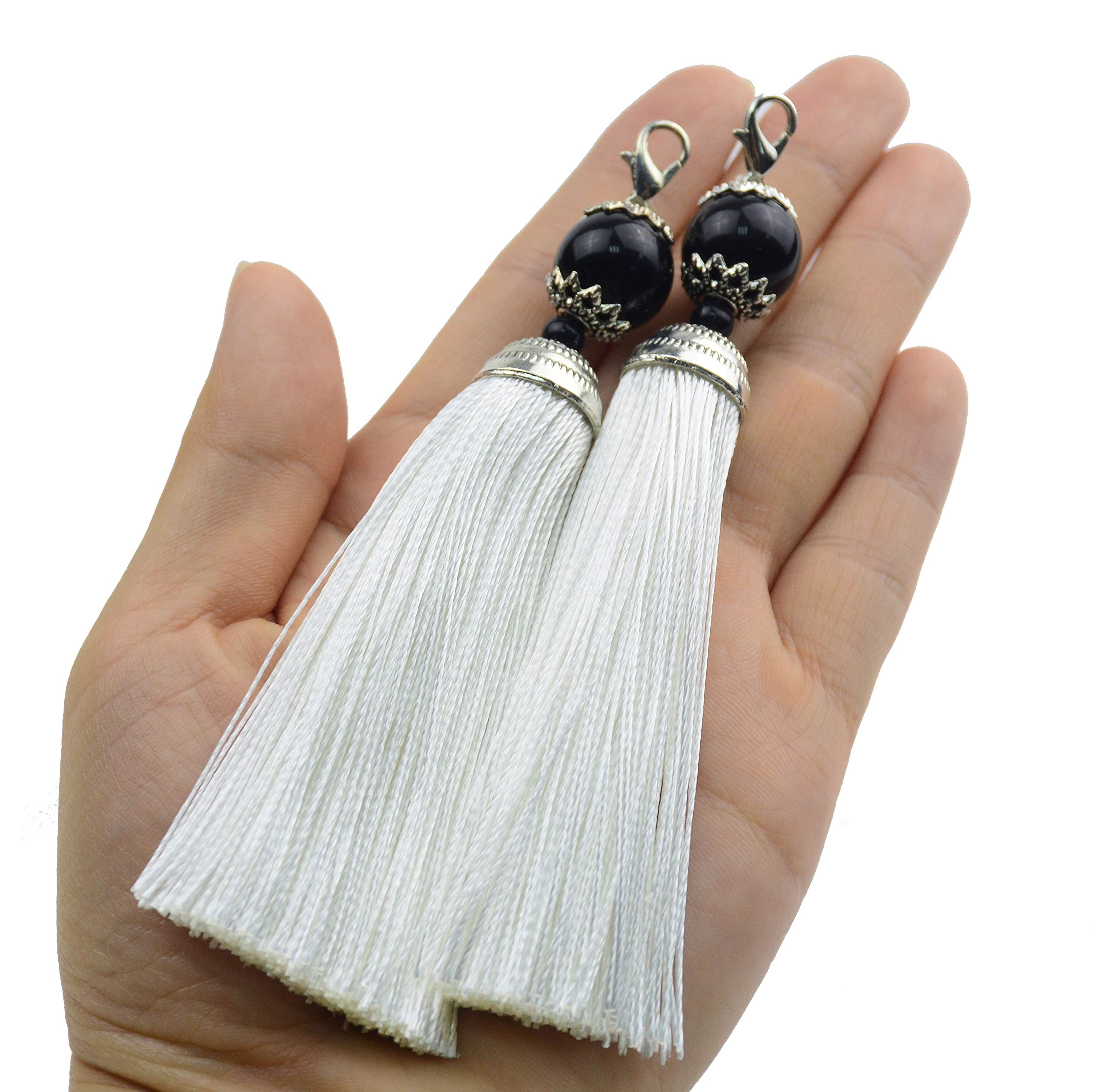 Makhry 10 pcs 4.5 Inch Handmade Silky Floss Lobster Clasp Tassel Key chain Beads Bookmark Tassel Pendant for DIY Craft Jewelry Women Earring (White)