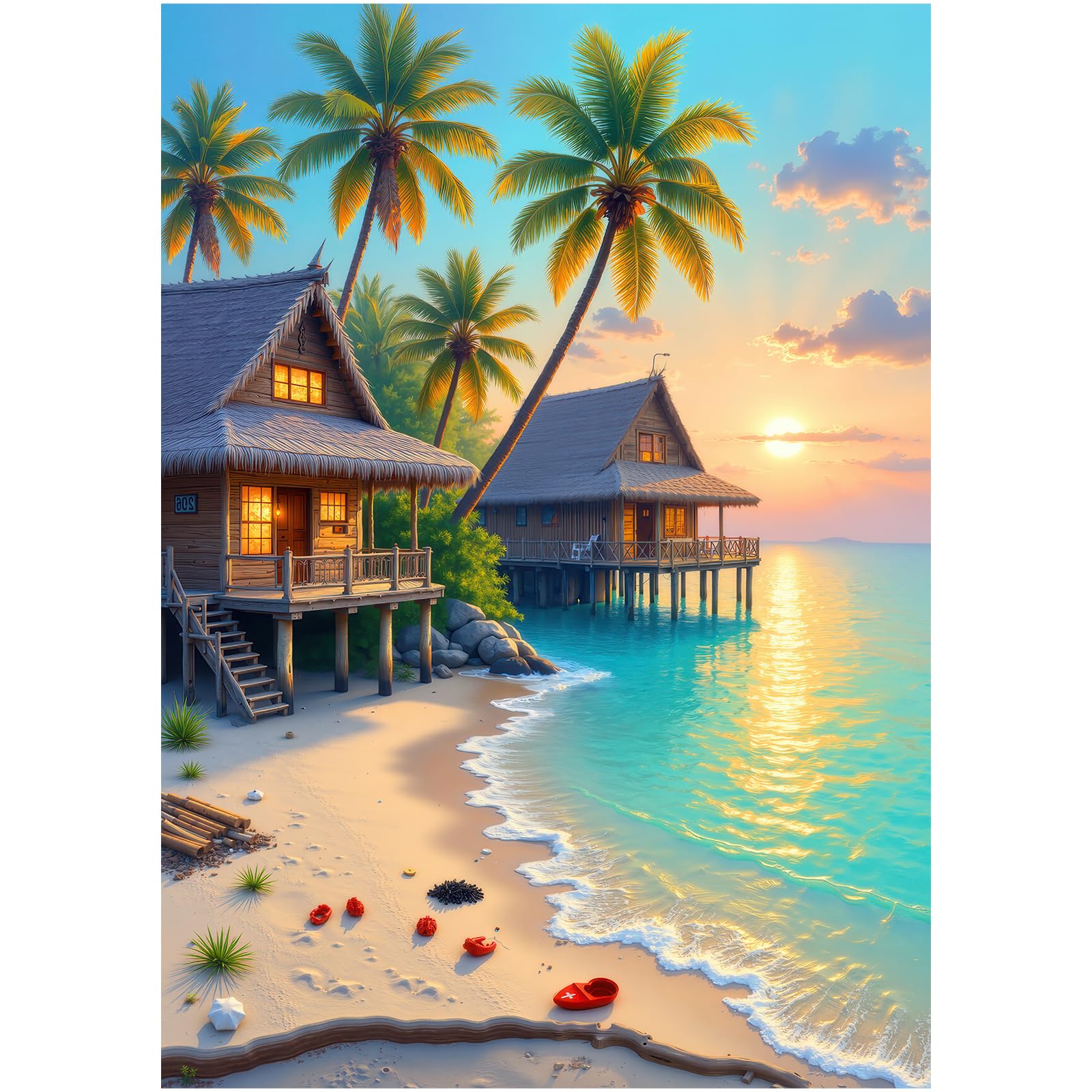 Beach Cottage Puzzles for Adults 1000 Pieces, Nature Seaside Landscape Vacation Puzzle with Palm Trees, Sunset, Log Cabin, Beach, Family Challenging Puzzle 1000 Pieces(20"x28")