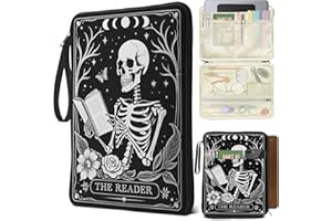 QRZIQRZ Skull Book Sleeve for Book Lovers, Paperback Book Protector Case, PU Leather Waterproof Book Pouch with Zipper, Gothic Skeleton Print Book Carrying Case for Hardcover, Book Cover for Men Boys