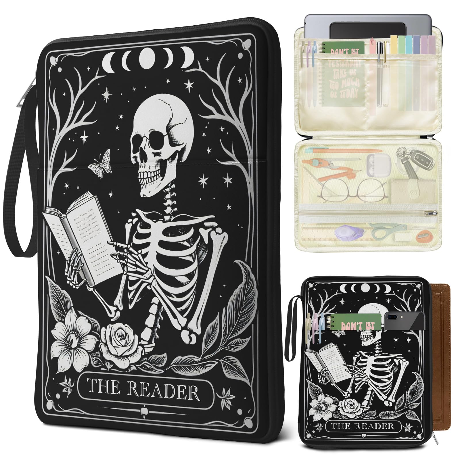 Photo 1 of QRZIQRZ Skull Book Sleeve for Book Lovers, Paperback Book Protector Case, PU Leather Waterproof Book Pouch with Zipper, Gothic Skeleton Print Book Carrying Case for Hardcover, Book Cover for Men Boys
