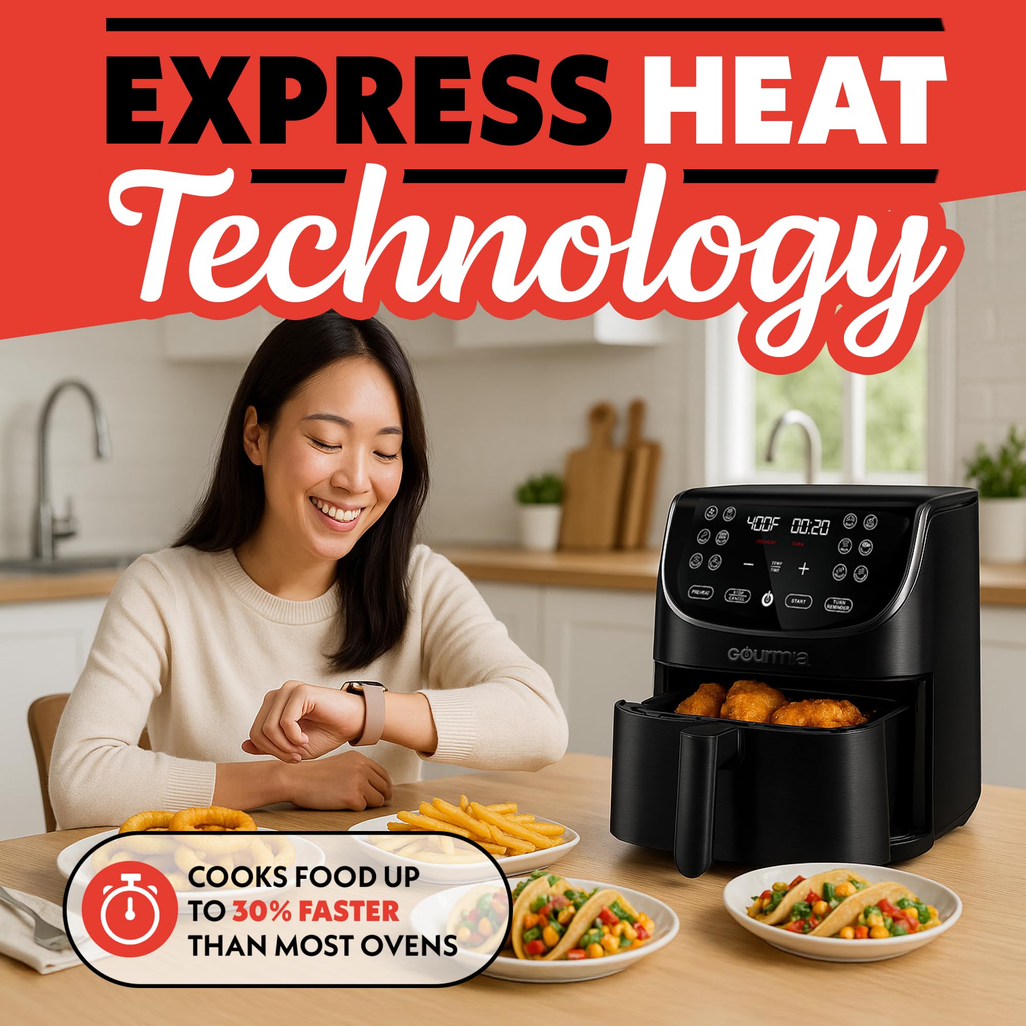 Gourmia Air Fryer Oven Pantalla digital 7 cuartos de galón AirFryer grande 12 ajustes preestablecidos de cocción táctil, cesta de freidora de aire XL 1700w de potencia Multifunción GAF716 Detalles en negro y acero inoxidable FRY FORCE 360°